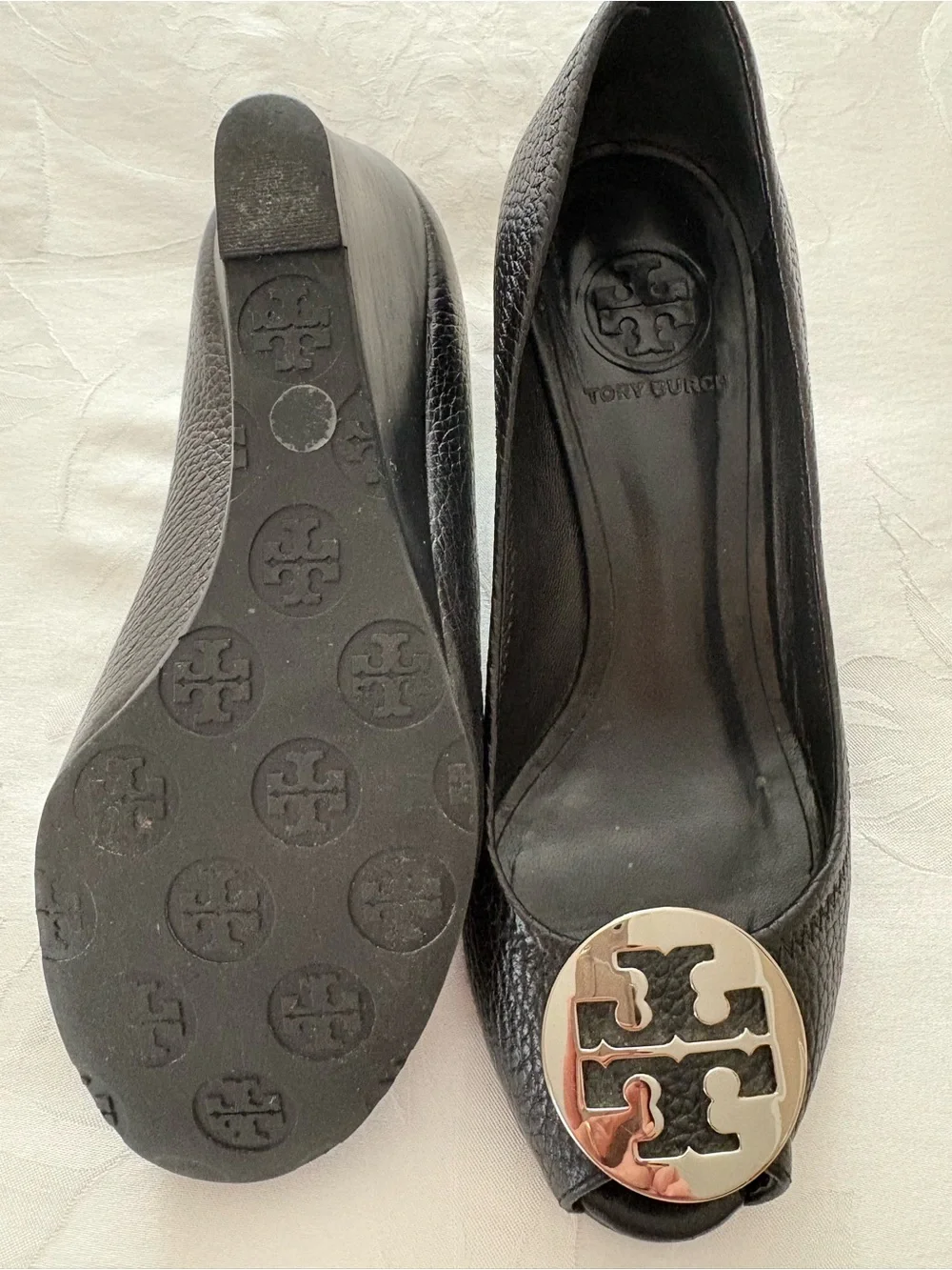 Tory Burch Sally-style peep-toe wedge/pumps